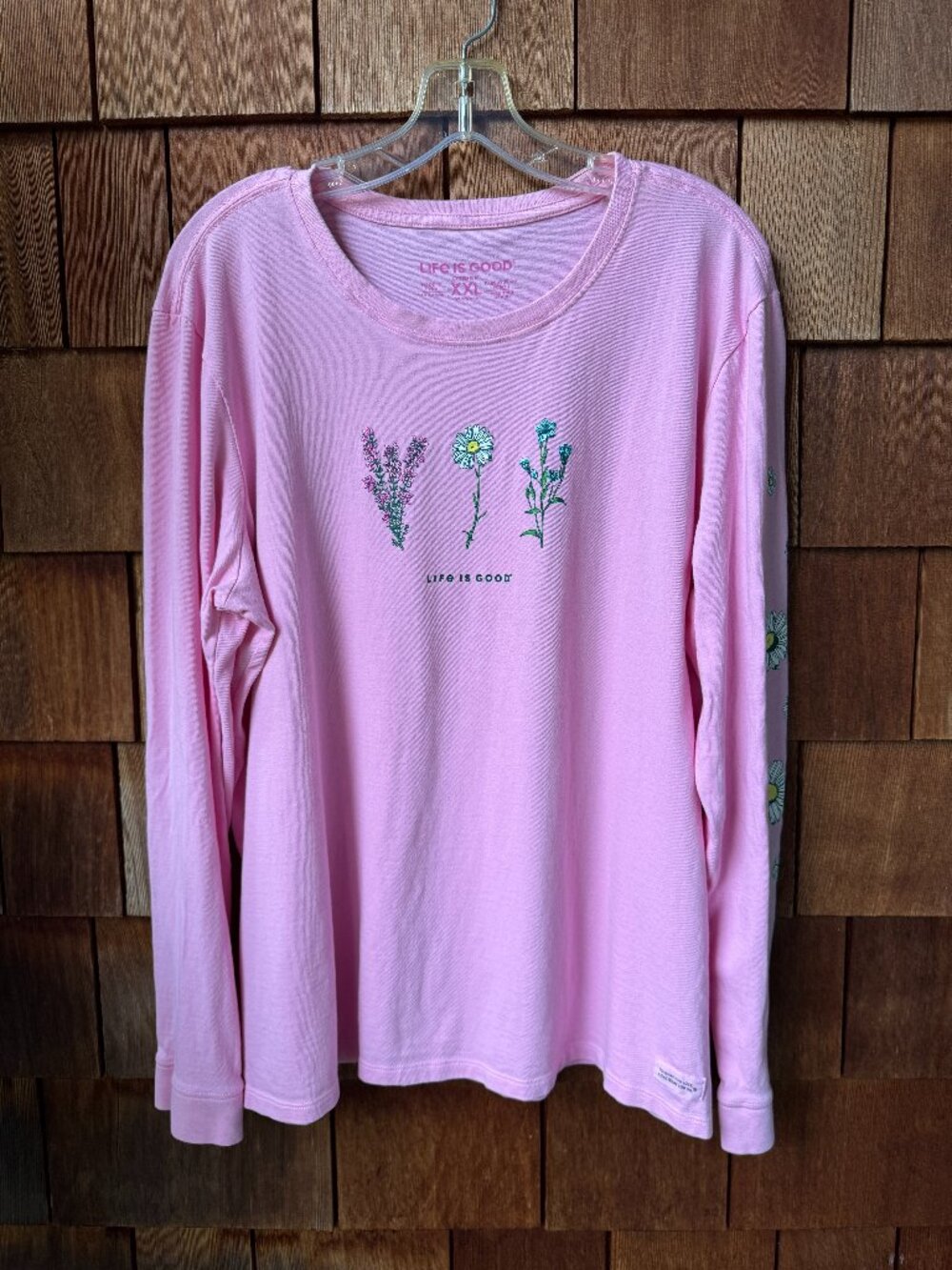 Life is Good Pink Botanical Flowers Long Sleeve Crusher Tee in Women's XXL
